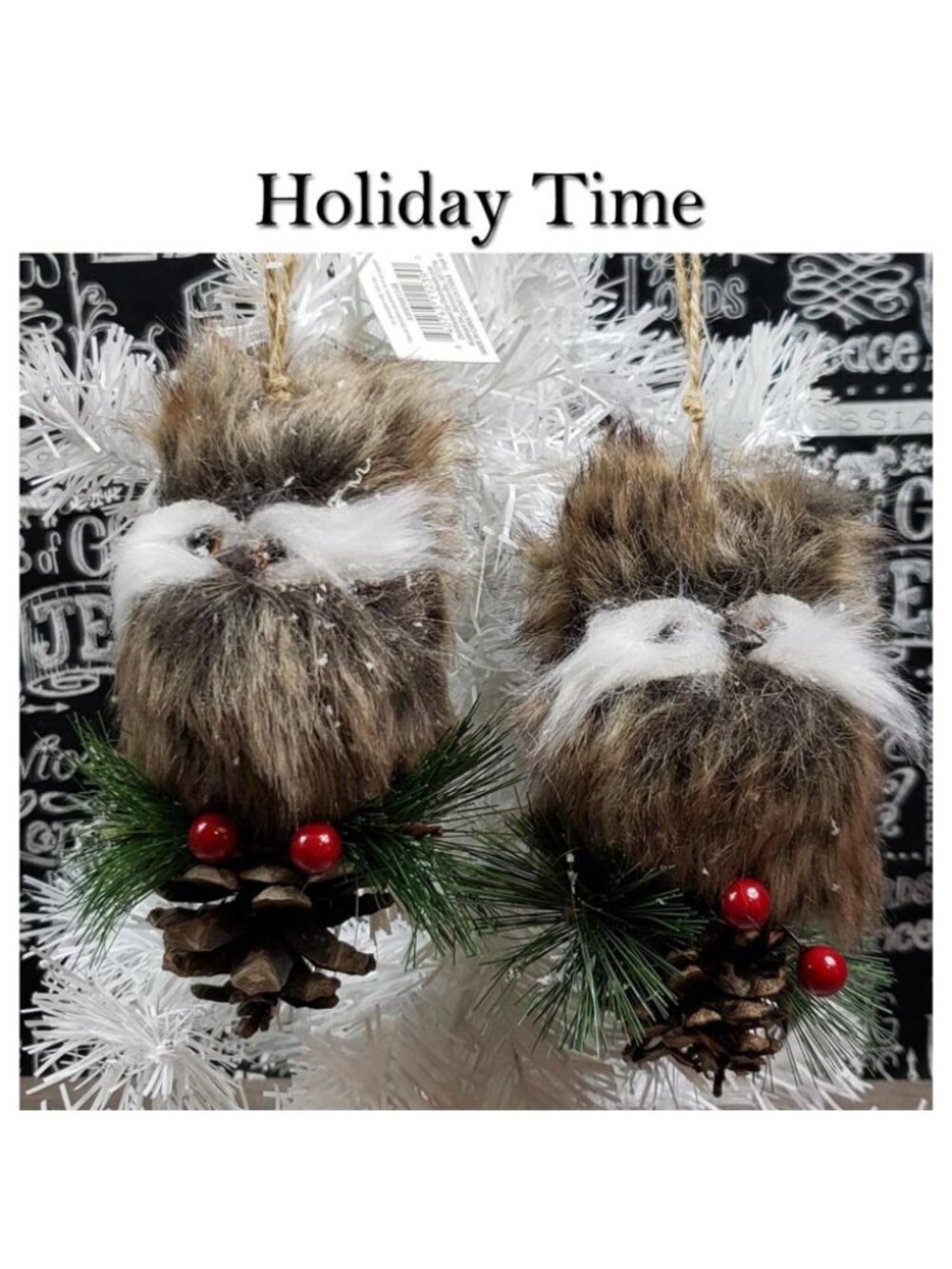 Holiday Time Two Furry Owl Christmas Ornaments NWT